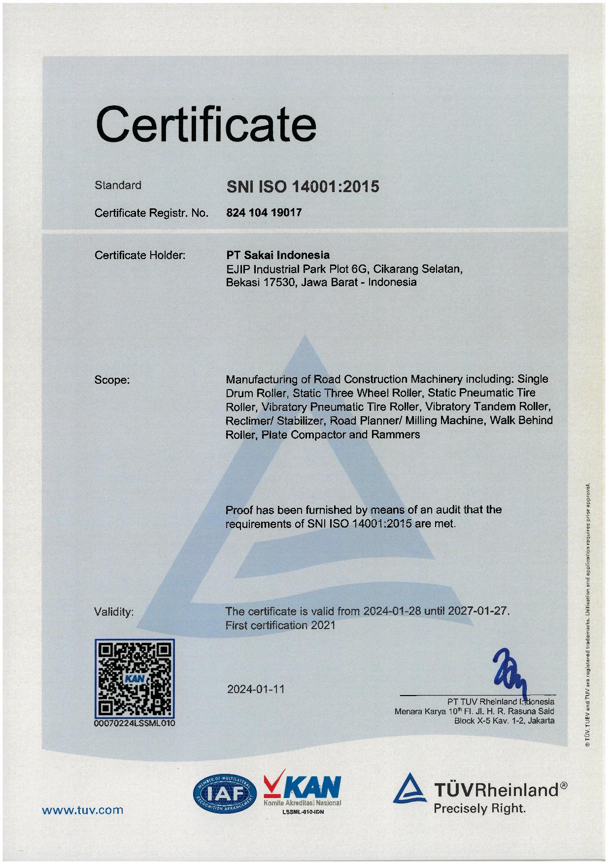 ISO 14001:2015 Certificate